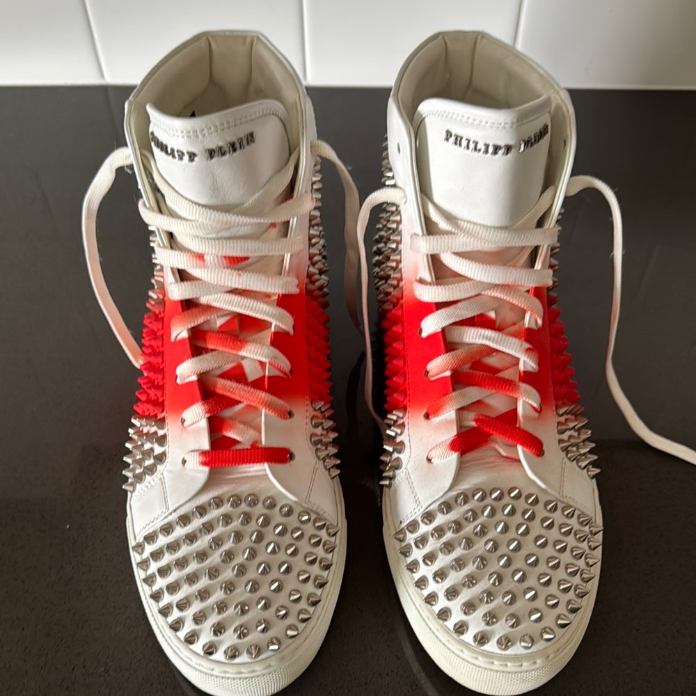 Philipp Plein White and Red Studded High-Top Sneakers